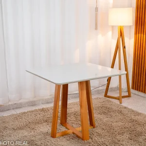 MESA DE JANTAR BALI 90X90 COM VIDRO BASE MADEIRA MACIÇA - MINAS PLAC