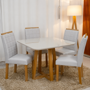 MESA DE JANTAR BALI 90X90 COM VIDRO BASE MADEIRA MACIÇA + 4 LAS VEGAS/SAFIRA