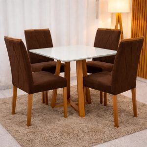 MESA DE JANTAR BALI 90X90 COM VIDRO BASE MADEIRA MACIÇA + 4 ISA