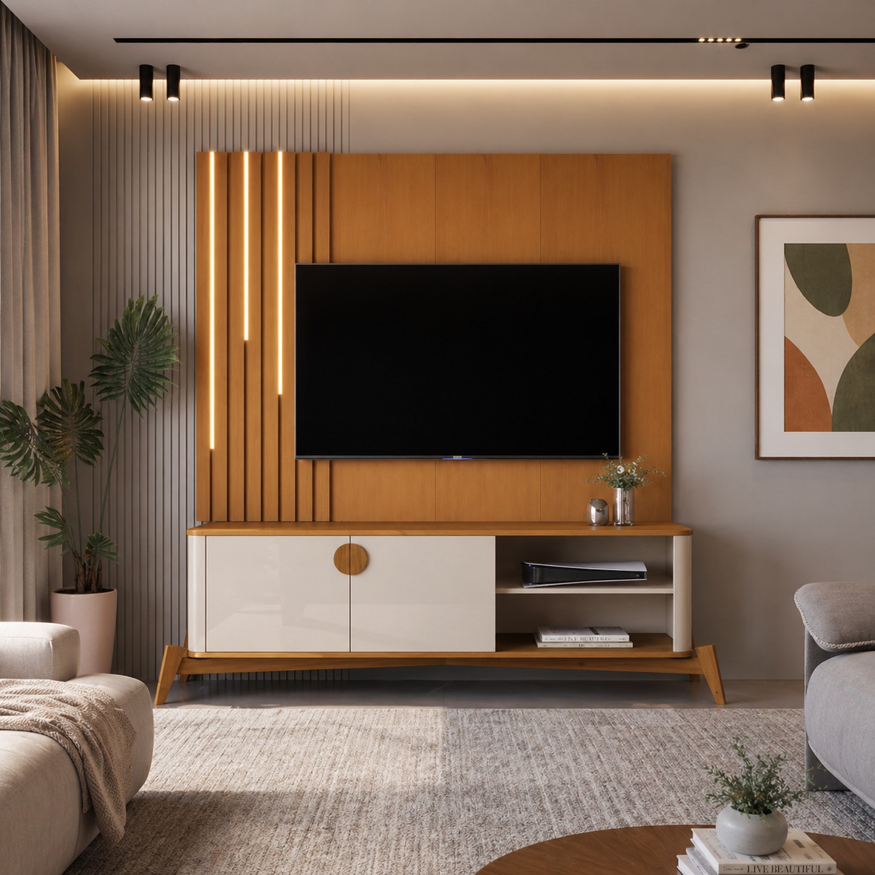 PAINEL BOTO + BANCADA BURITI 1.40 CM - COM PÉS E PUXADORES EM MADEIRA MACIÇA PARA TV ATÉ 55 POLEGADAS