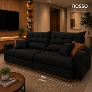 SOFÁ GRAN BELLO PLUS 2.70 RETRÁTIL E RECLINÁVEL MOLAS ENSACADAS E 04 ALMOFADAS DECORATIVAS - VILMA - PRETO