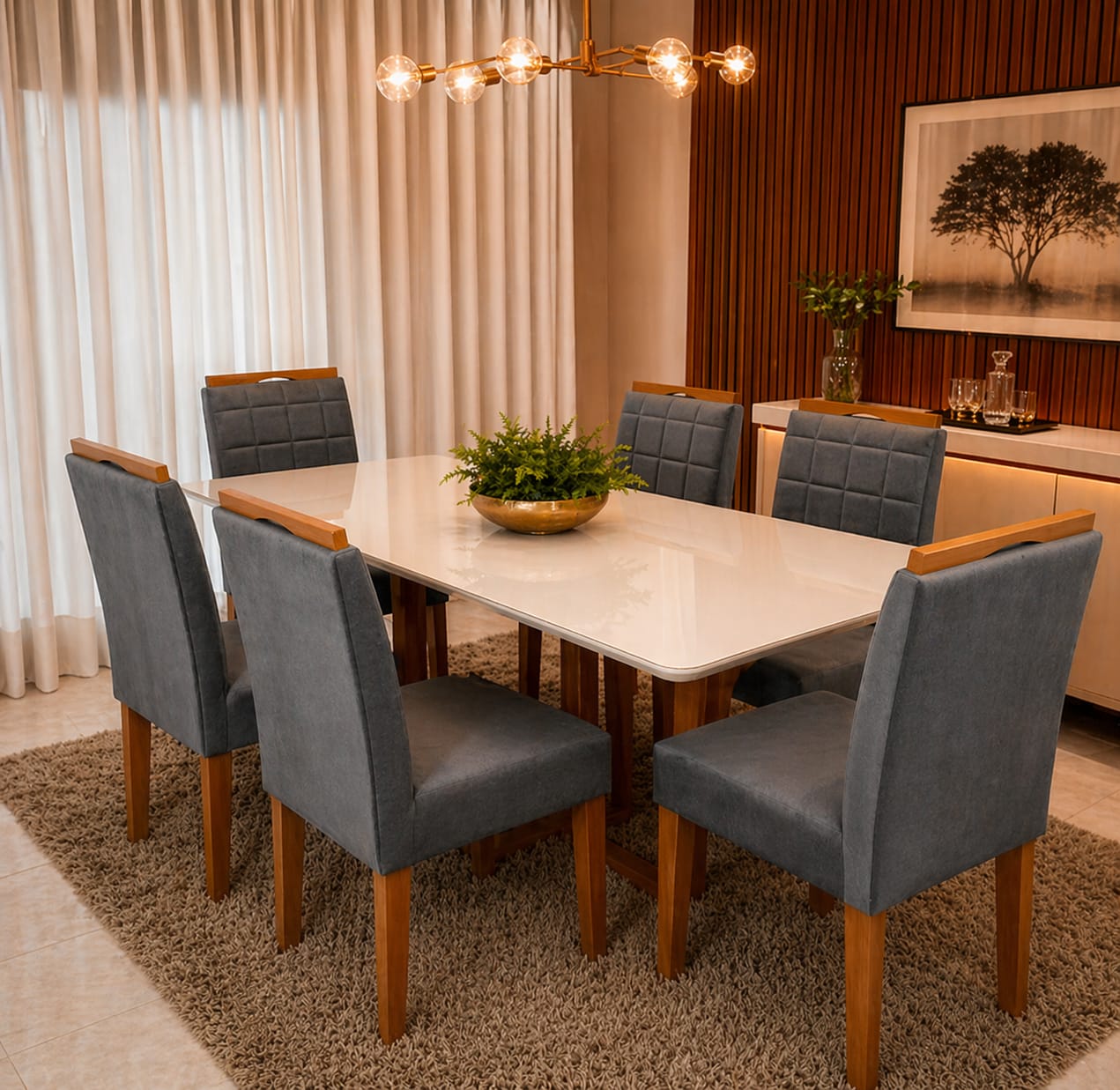 MESA DE JANTAR BALI 160X80 COM VIDRO BASE MADEIRA MACIÇA + 6 CADEIRAS LAS VEGAS/SAFIRA