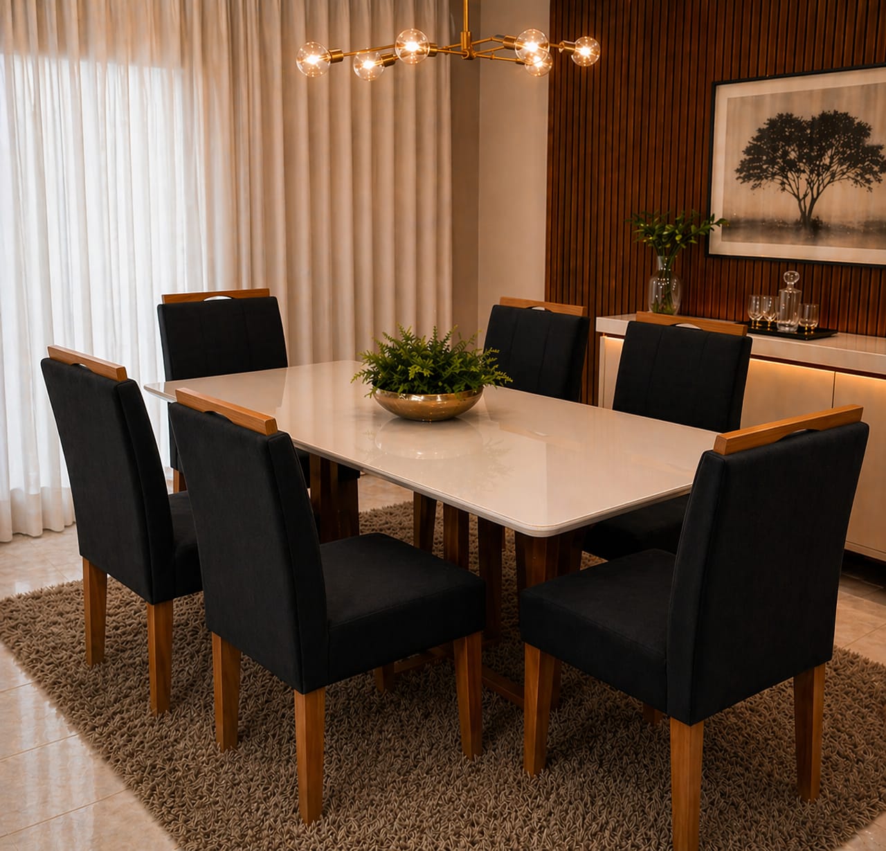 MESA DE JANTAR BALI 160X80 COM VIDRO BASE MADEIRA MACIÇA + 6 CADEIRAS LAS VEGAS/SAFIRA - Imagem 4