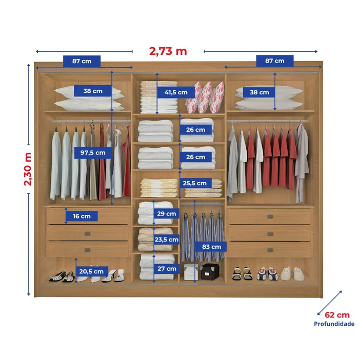 GUARDA ROUPA LOS ANGELES 2.73 CM C/ PORTAS DE CORRER C/ 1 ESPELHO 100% MDF - DDORO - Imagem 2