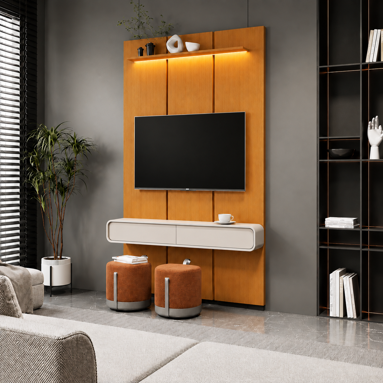 PAINEL ESTONE 1.40 C/ LED + NICHO LIV SUSPENSO 1.35 COM 2 GAVETAS - EDN